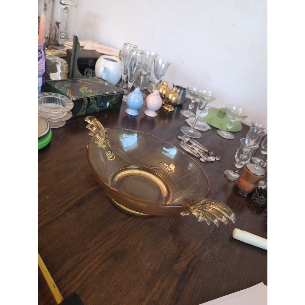 Vintage Amber Glass Bowl with Decorative Handles